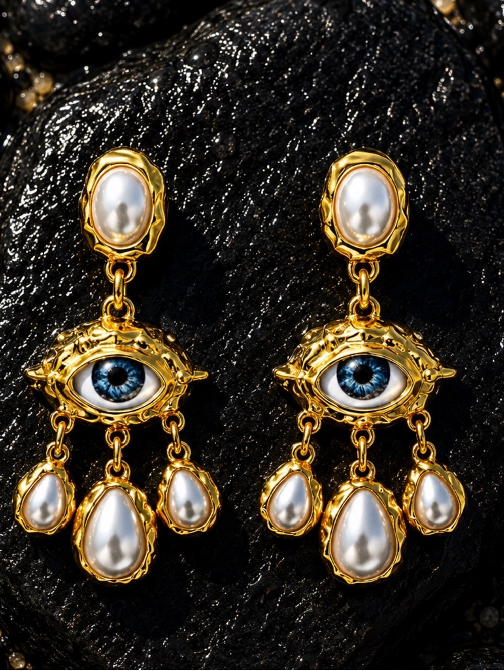 Blue Evil Eye Pearl Drop Earrings